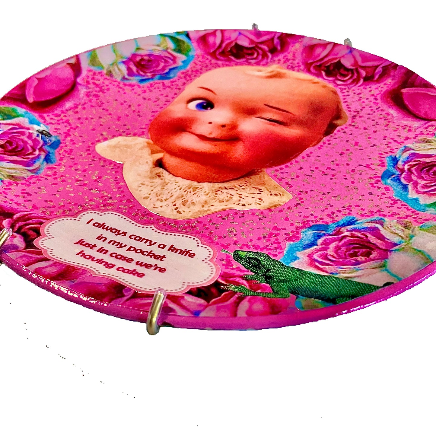 Pink Upcycled Wall Plate “I Always Carry A Knife In My Pocket Just In Case We’re Having Cake” - by House of Frisson