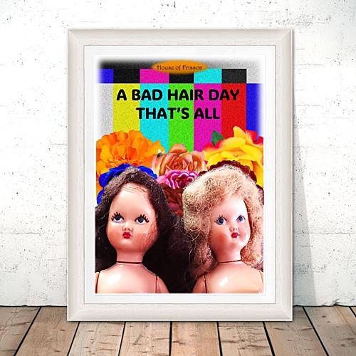 A3 Print by House of Frisson on a white frame featuring two plastic dolls with messy hair set against a background of colourful flowers