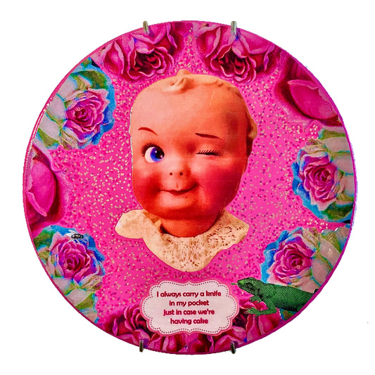 Pink Upcycled Wall Plate “I Always Carry A Knife In My Pocket Just In Case We’re Having Cake” - by House of Frisson