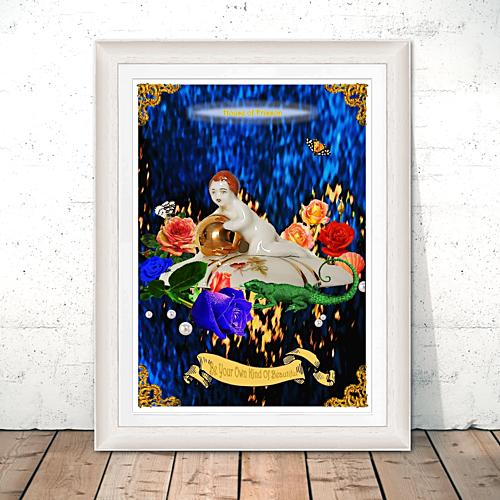"Be Your Own Kind Of Beautiful" A3 Print by House of Frisson, featuring a kitsch porcelain figure surrounded by roses, moths, pearls, and a lizard, on a blue background. Showing print in a white frame, resting on the floor.