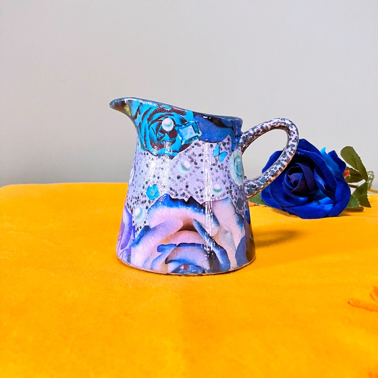 Metallic Blue jug/vase by House of Frisson, featuring a collage of blue roses and pearls.