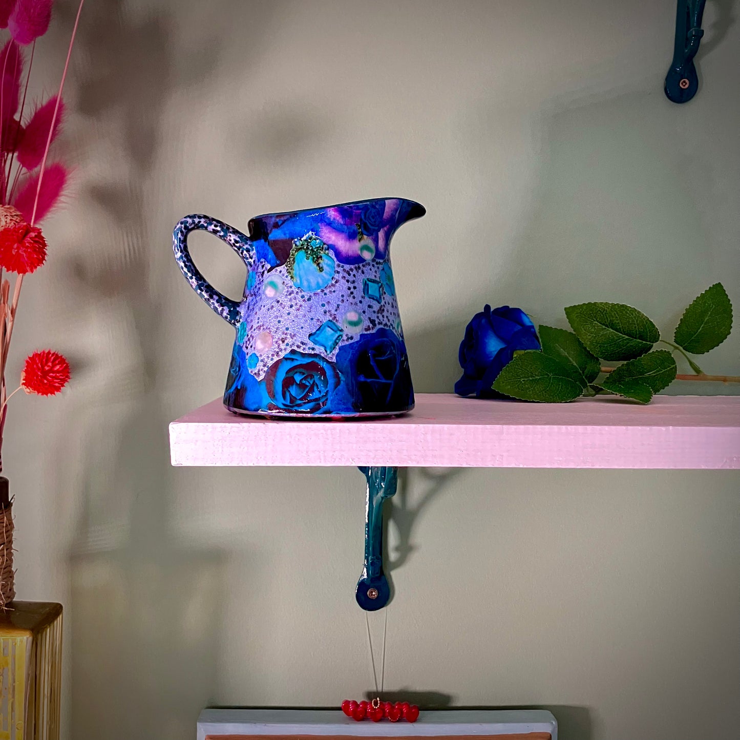 Metallic Blue jug/vase by House of Frisson, featuring a collage of blue roses and pearls.