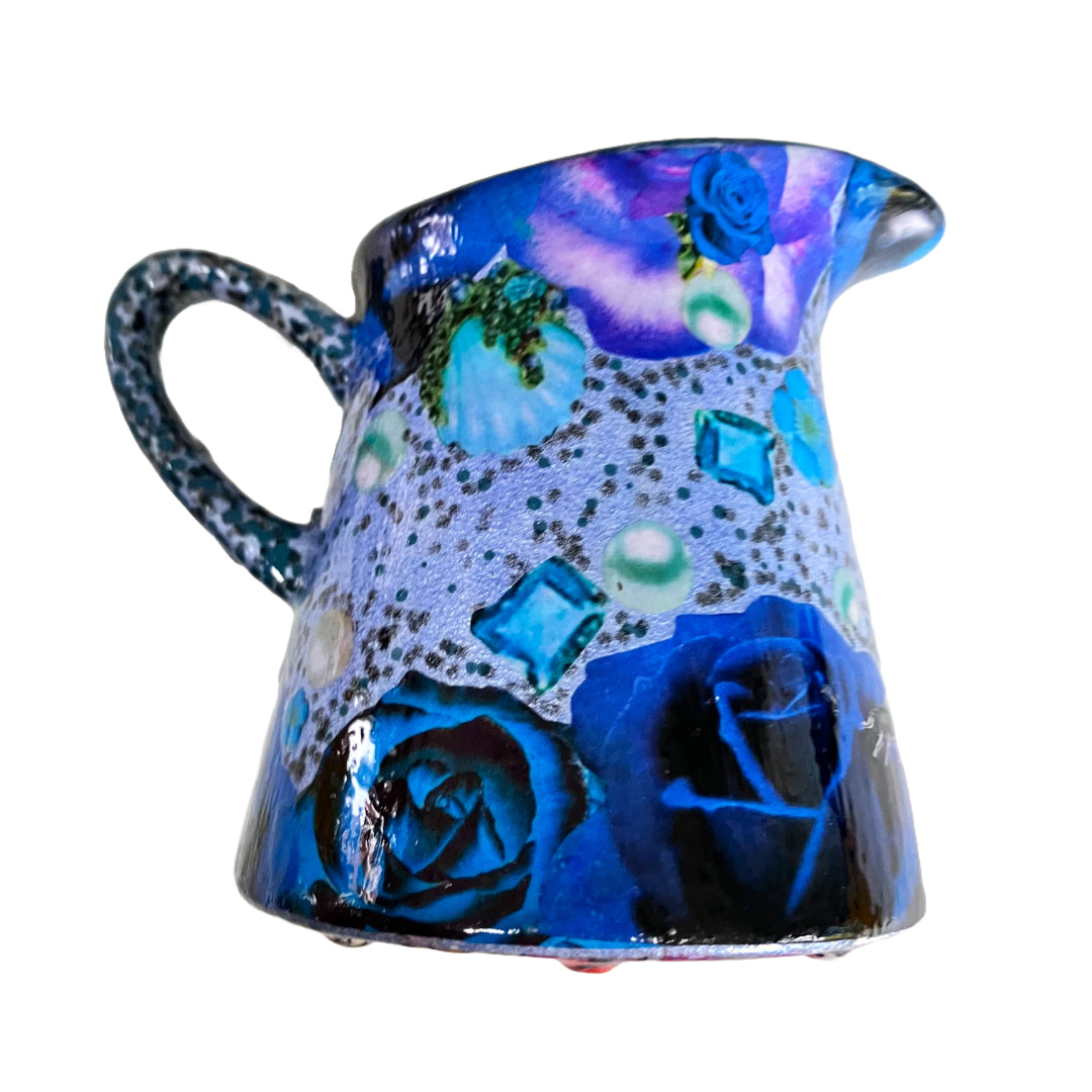 Metallic Blue jug/vase by House of Frisson, featuring a collage of blue roses and pearls.