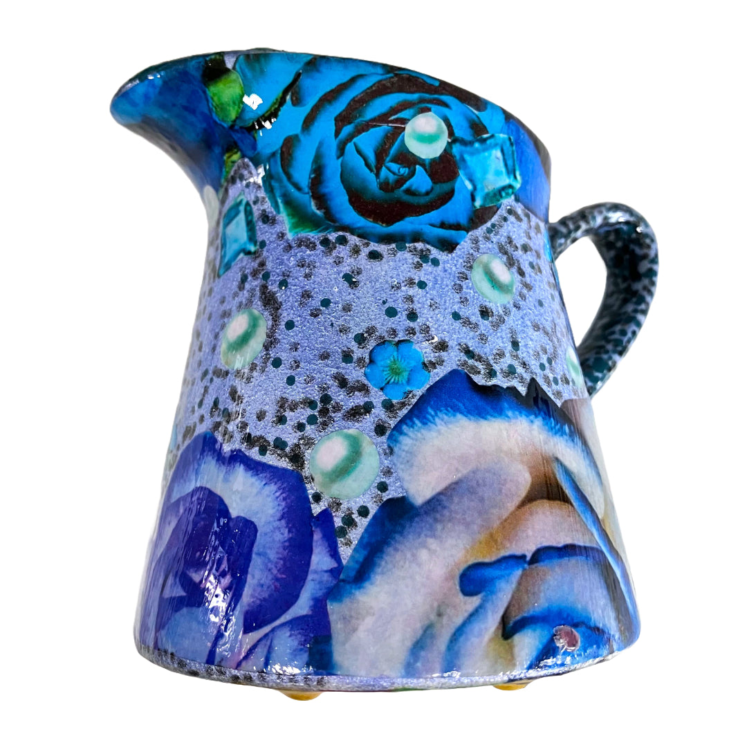 Metallic Blue jug/vase by House of Frisson, featuring a collage of blue roses and pearls.