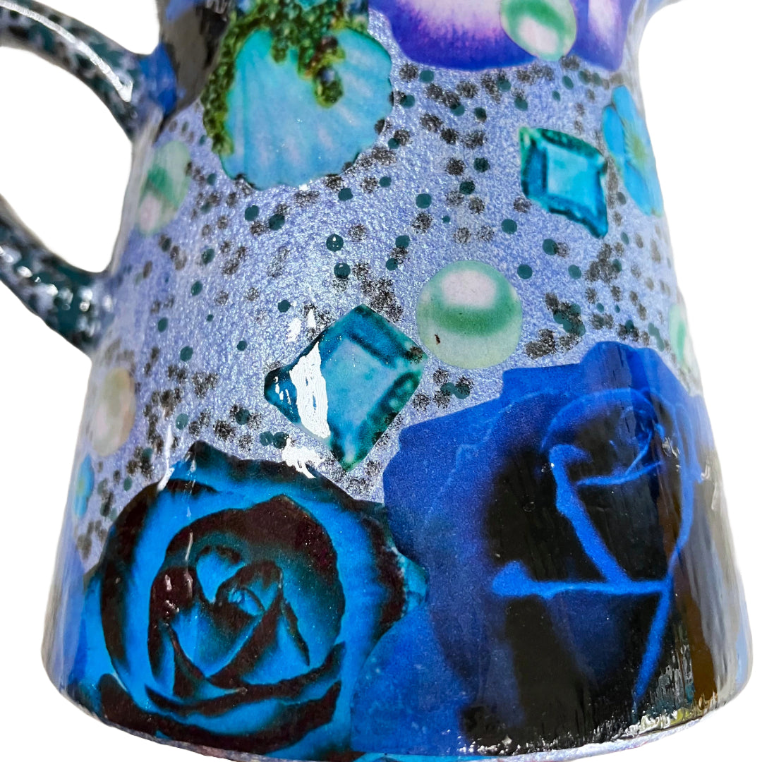 Metallic Blue jug/vase by House of Frisson, featuring a collage of blue roses and pearls.