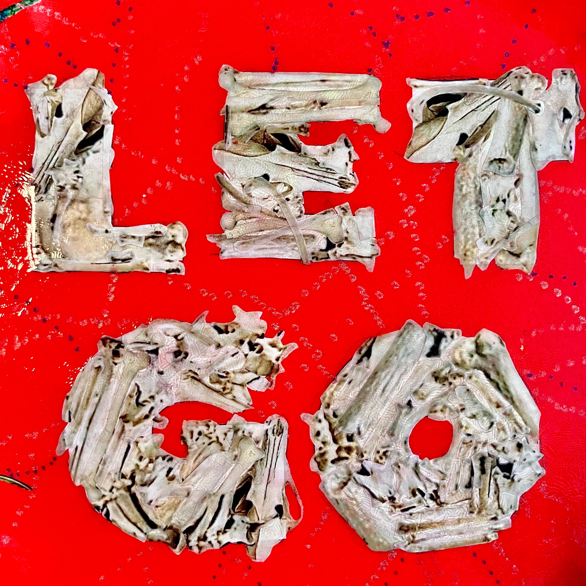 "Let Go" Wall Plate by House of Frisson, closeup detail of the collage showing the words "Let Go" written with bones, against a bright red background.