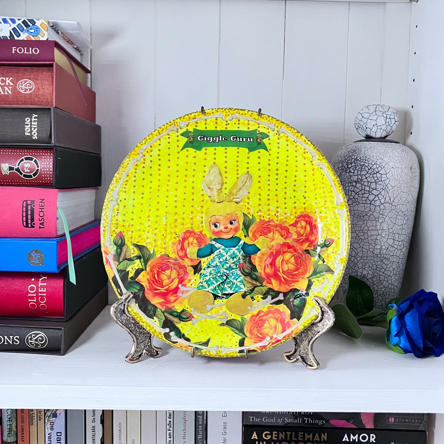 "Giggle Guru" Neon Yellow Wall Plate by House of Frisson, featuring a vintage bunny, roses, bones, and House of Frisson's signature fly. 