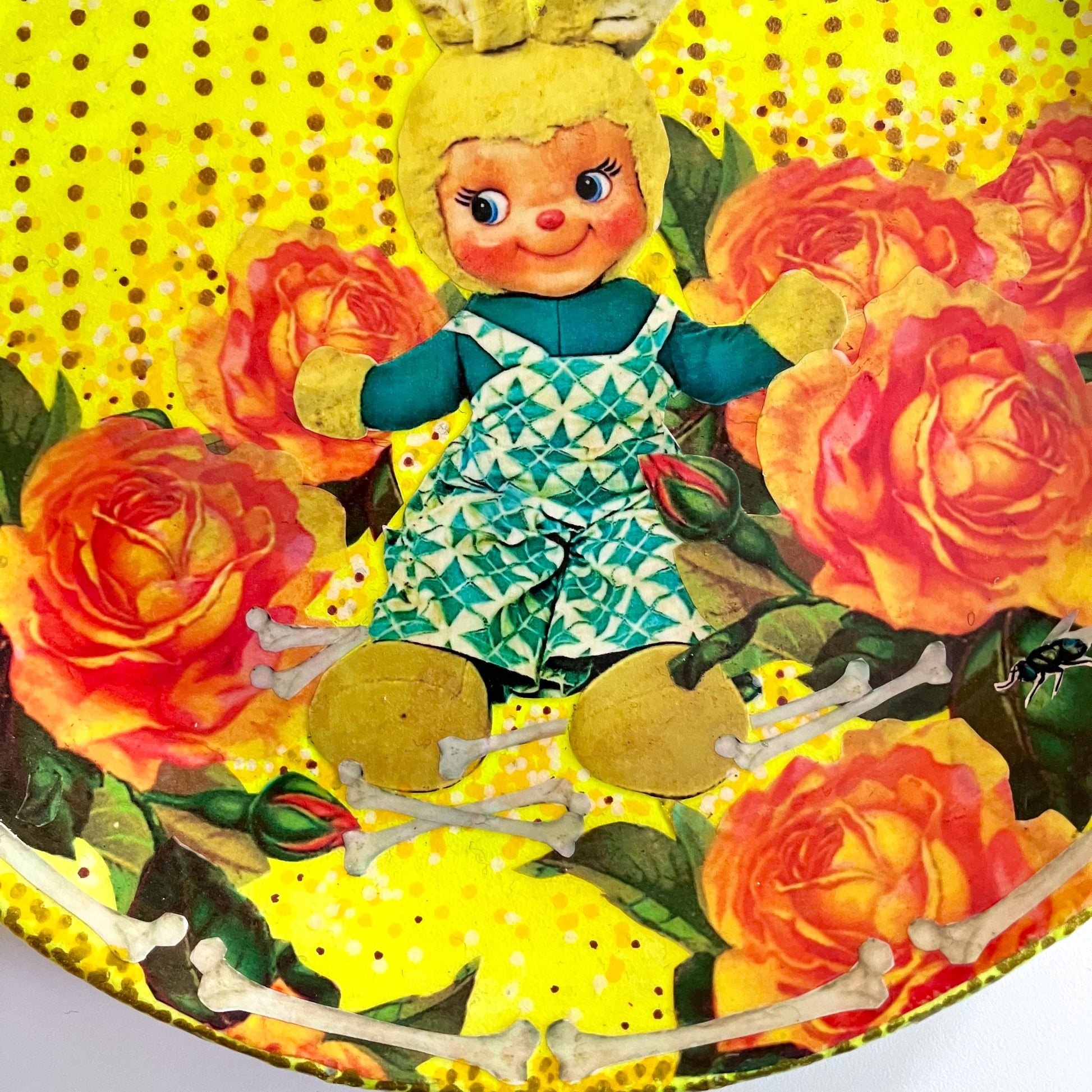 "Giggle Guru" Neon Yellow Wall Plate by House of Frisson, featuring a vintage bunny, roses, bones, and House of Frisson's signature fly. 