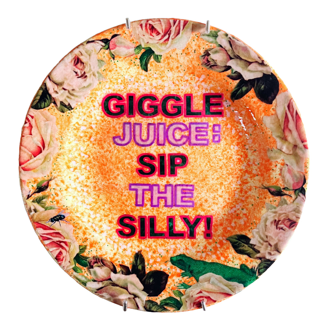 "Giggle Juice: Sip The Silly!" Orange Upcycled Wall Plate by House of Frisson, featuring the phrase "Giggle Juice: Sip The Silly!" and some roses and a lizard.