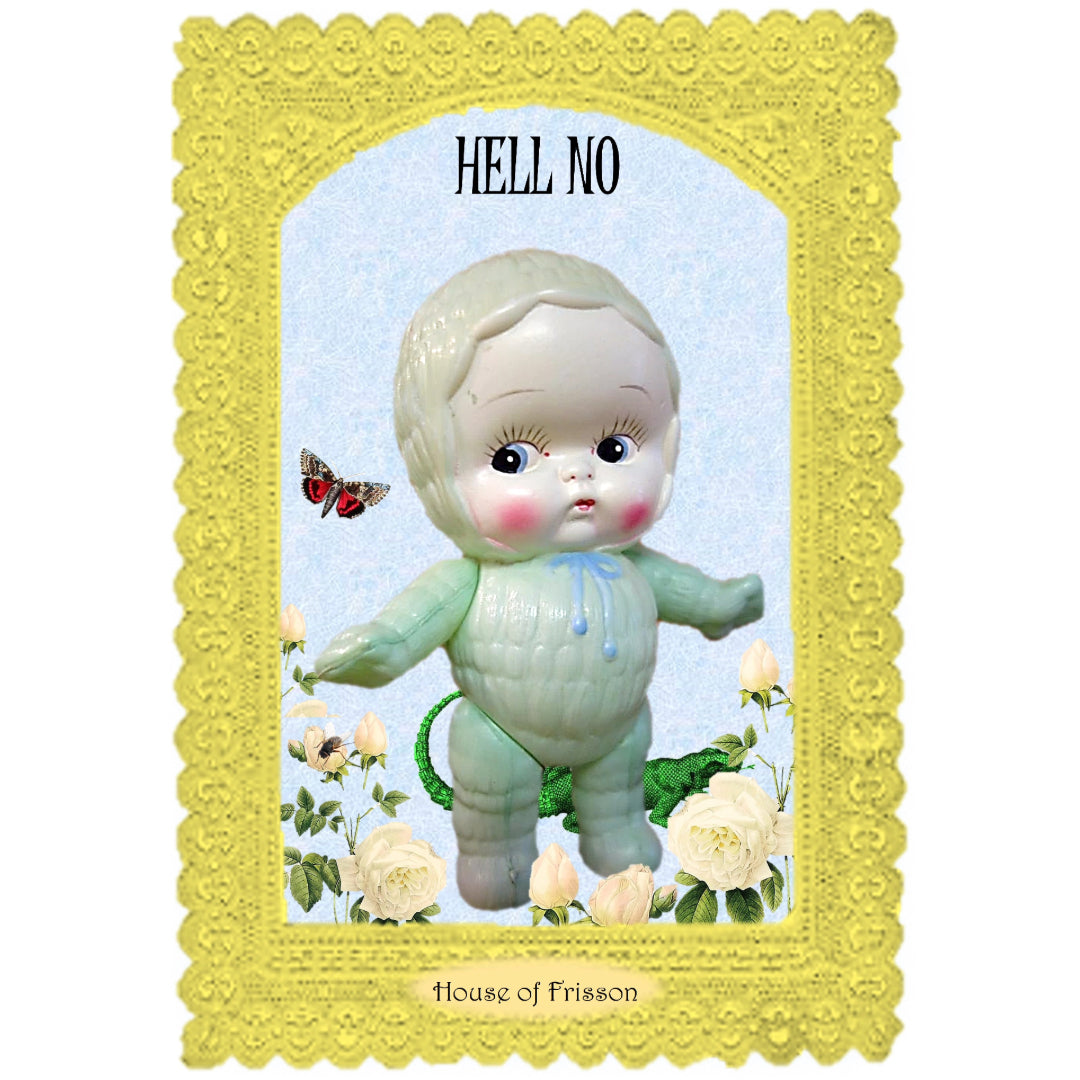"Hell No" A3 Print by House of Frisson. Featuring a kitsch vintage plastic doll with roses, a moth, and a lizard, framed by a yellow crochet.