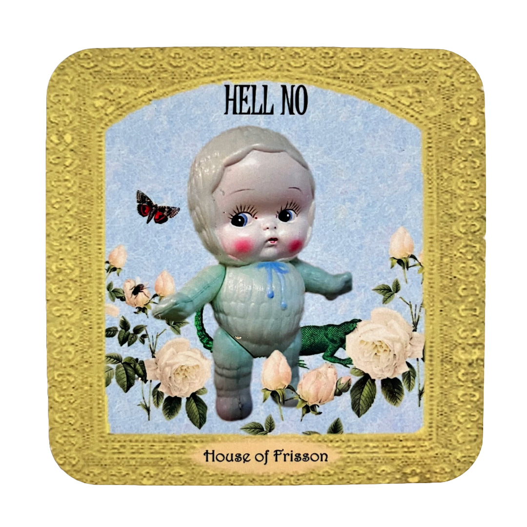 "Hell No" Coaster by House of Frisson, featuring a kitsch plastic doll surrounded by white roses, in a yellow crochet frame.