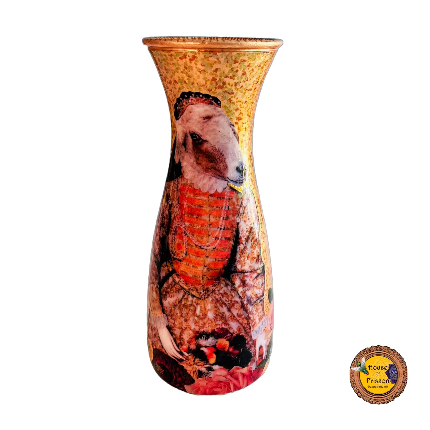 "Be Nice Or Get Lost" Flower Vase by House of Frisson, featuring collage of Queen Elizabeth I with a goat head, on a gold background.