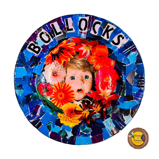 "Bollocks" Wall Plate by House of Frisson, featuring a collage of a vintage male doll surrounded by flowers and a lizard, on a blue background.