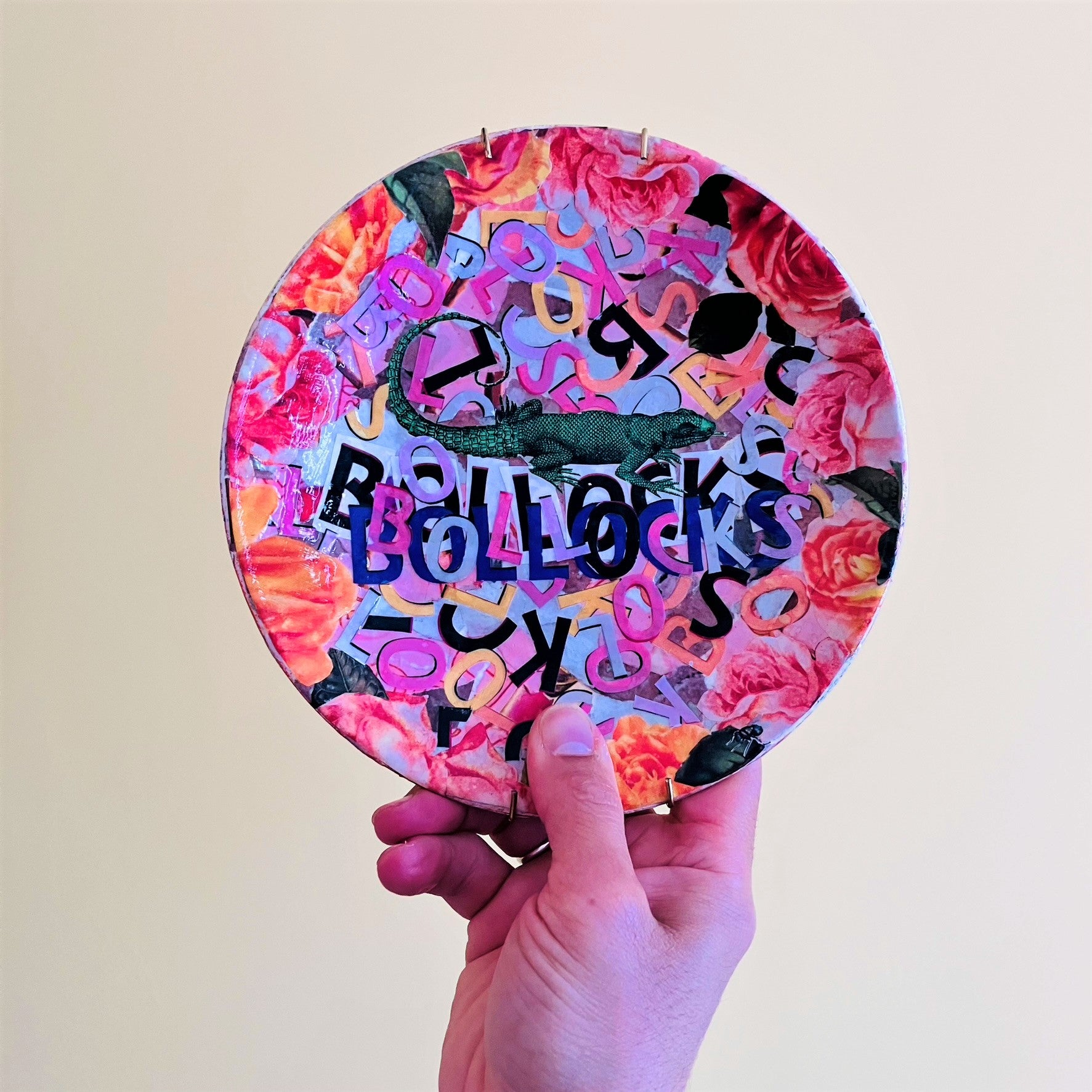 "Bollocks" Wall Plate by House of Frisson, featuring a collage of colourful letters forming the word "bollocks", and a lizard, framed by roses. Holding the plate.