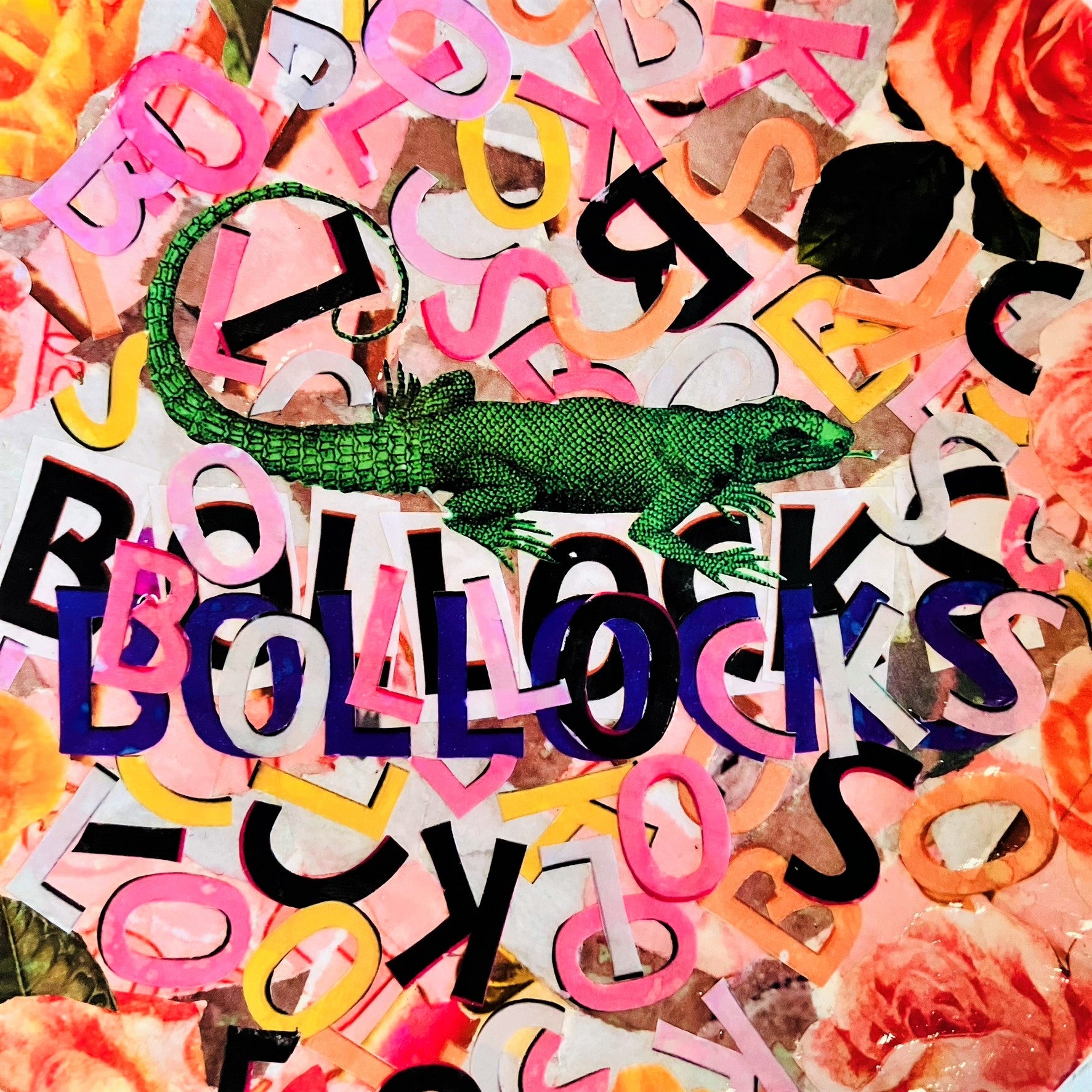 "Bollocks" Wall Plate by House of Frisson, featuring a collage of colourful letters forming the word "bollocks", and a lizard, framed by roses. Closeup detail showing the word "bollocks" and a lizard.