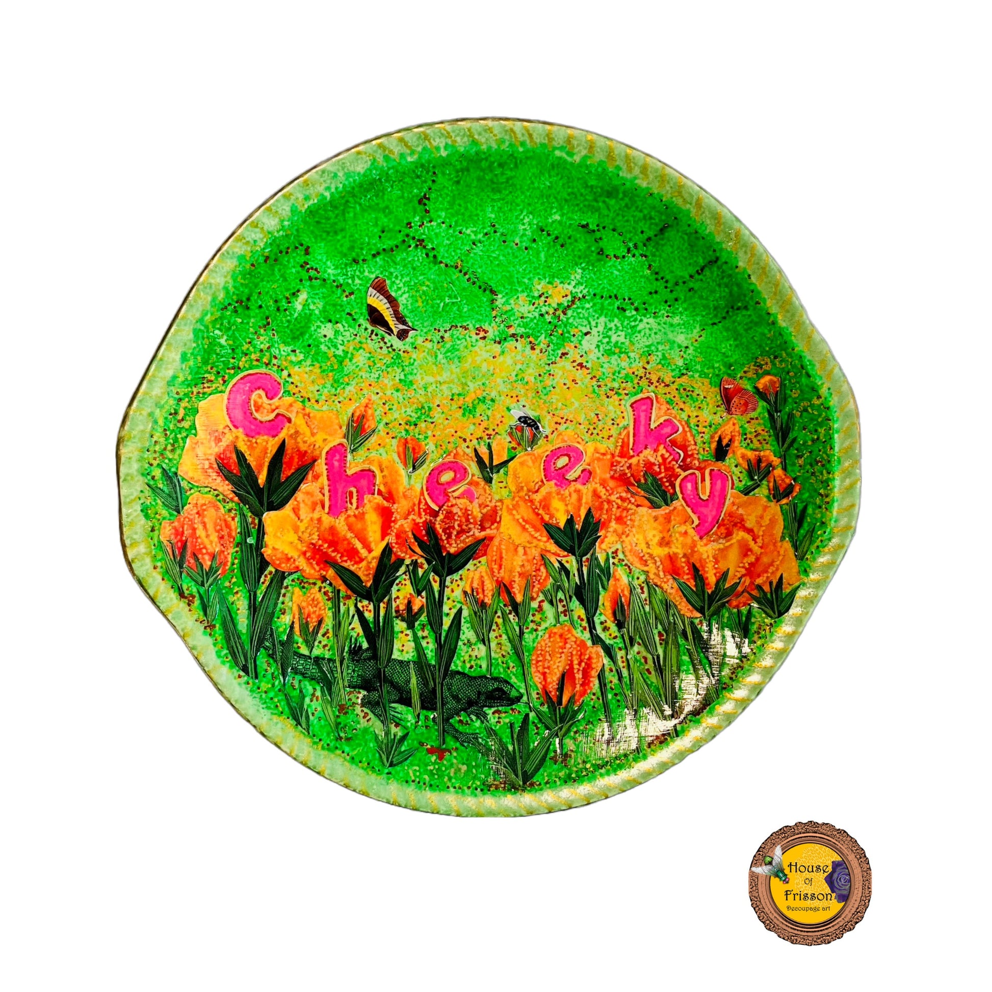 "Cheeky" Wall Plate by House of Frisson, featuring a collage with letters coming out of flowers forming the word "cheeky", and a lizard, on a green background.