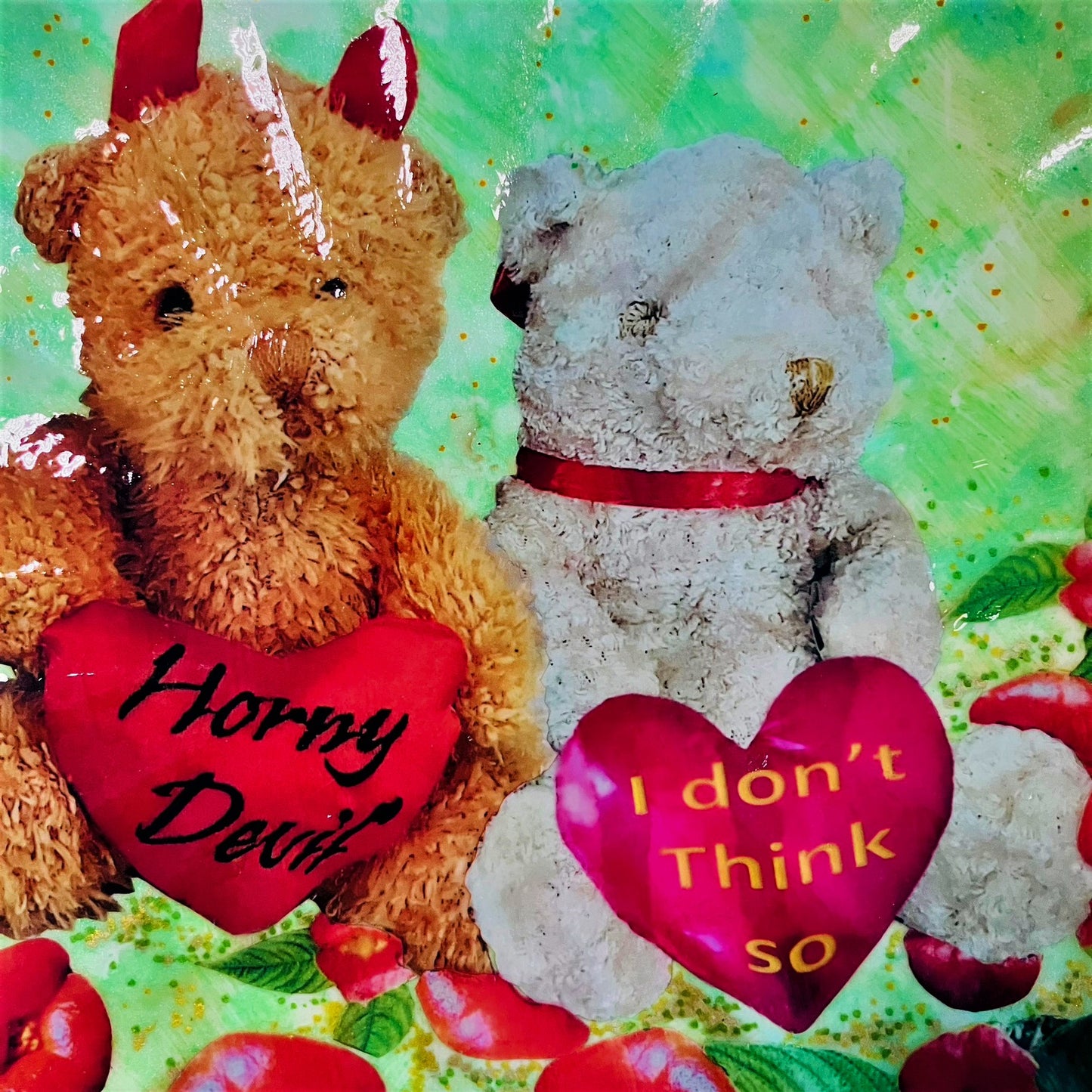 "Horny Devil. I Don't Think So" Wall Plate by House of Frisson, featuring a collage of two teddy bears holding hearts with messages, among lip-shaped flowers, on a green background. Closeup detail of the teddy bears holding hearts.
