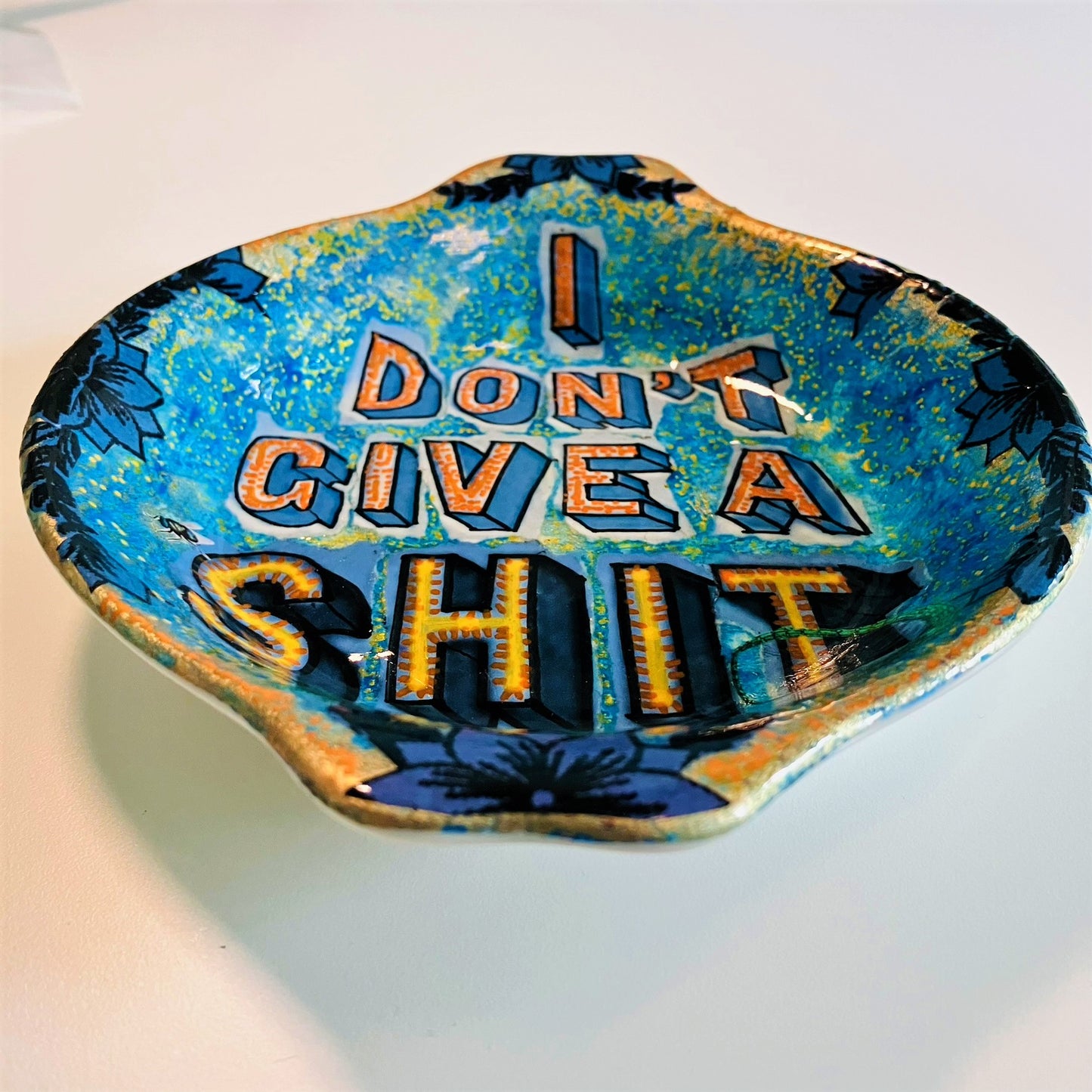 Blue Upcycled Wall Plate - "I Don't Give A Shit" - by House of Frisson