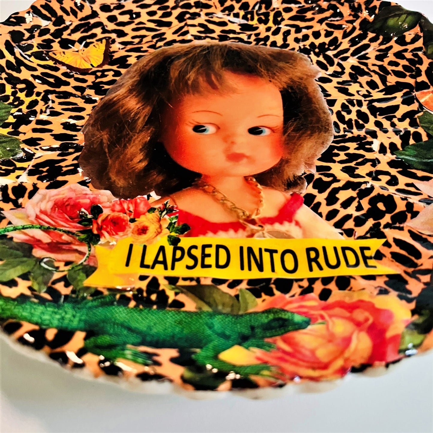 Orange Leopard Print Upcycled Wall Plate - "I Lapsed Into Rude" - by House of Frisson