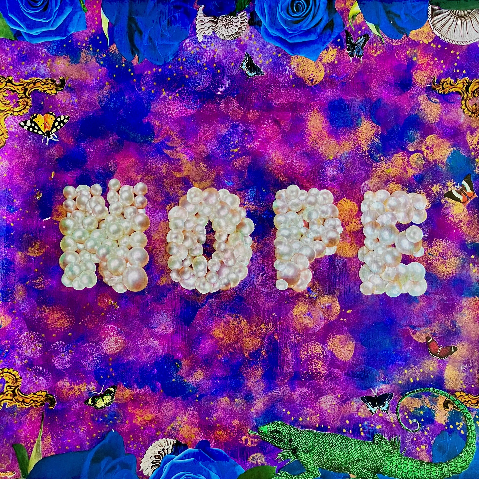 "Nope" Wall Plate by House of Frisson. Featuring the word "nope" written with pearls, framed by blue roses, shells, moths, and a lizard, on a  purple, blue and golden background. Closeup details showing the word "nope" formed by pearls.