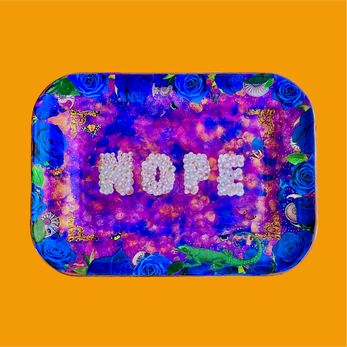 "Nope" Wall Plate by House of Frisson. Featuring the word "nope" written with pearls, framed by blue roses, shells, moths, and a lizard, on a  purple, blue and golden background.