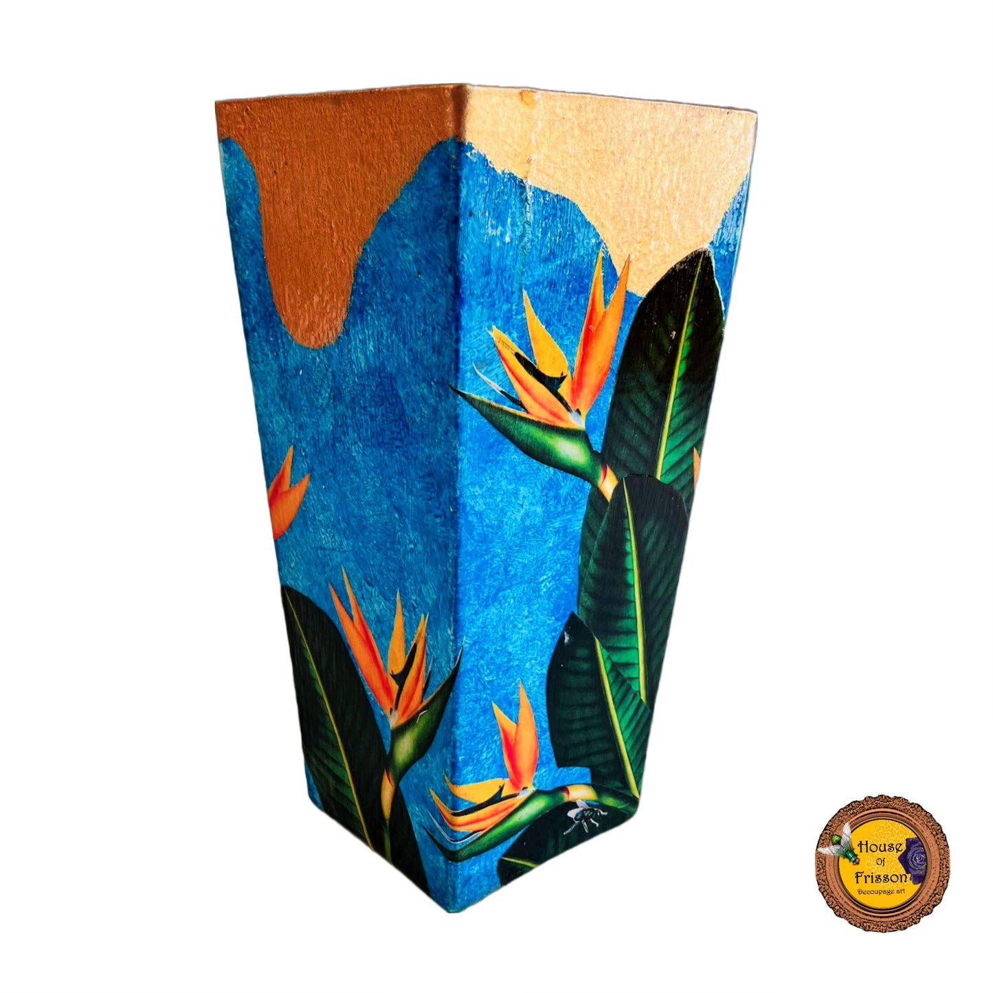 "Strelitzia" Flower Vase by House of Frisson, featuring strelitzia flowers and leaves, on a blue and golden background.