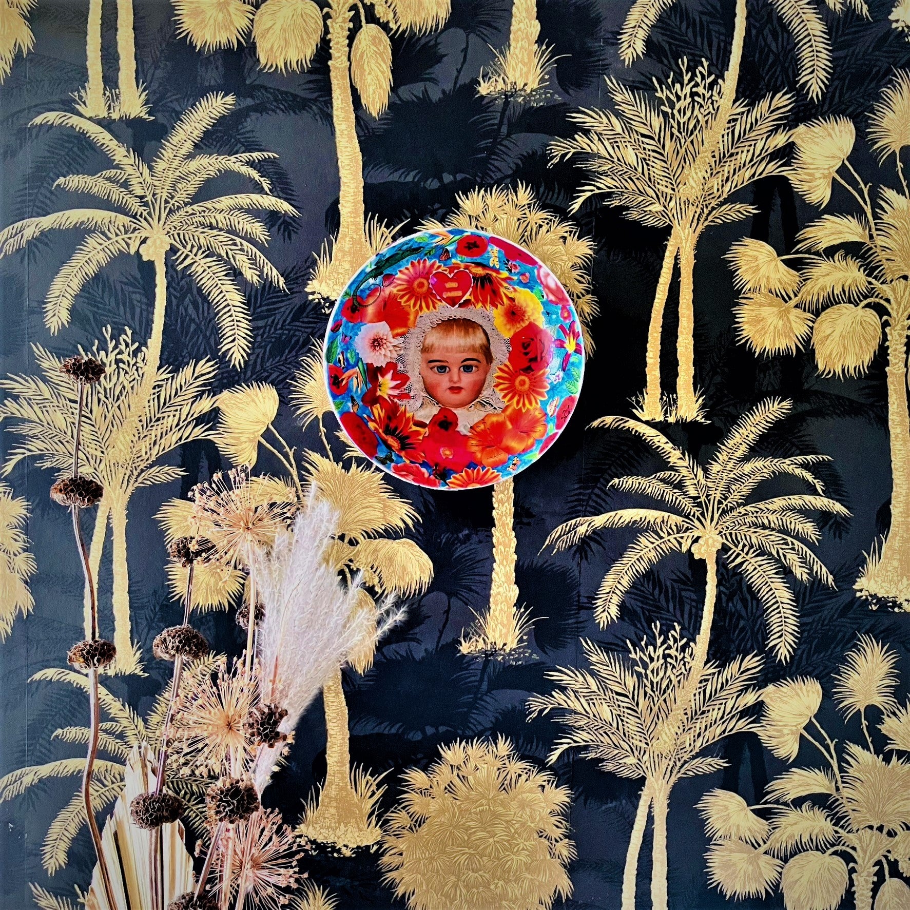 "Who Cares" Wall Plate by House of Frisson, featuring a vintage doll surrounded by flowers, moths, and a lizard, on a blue background. Plate hanging on a wall.