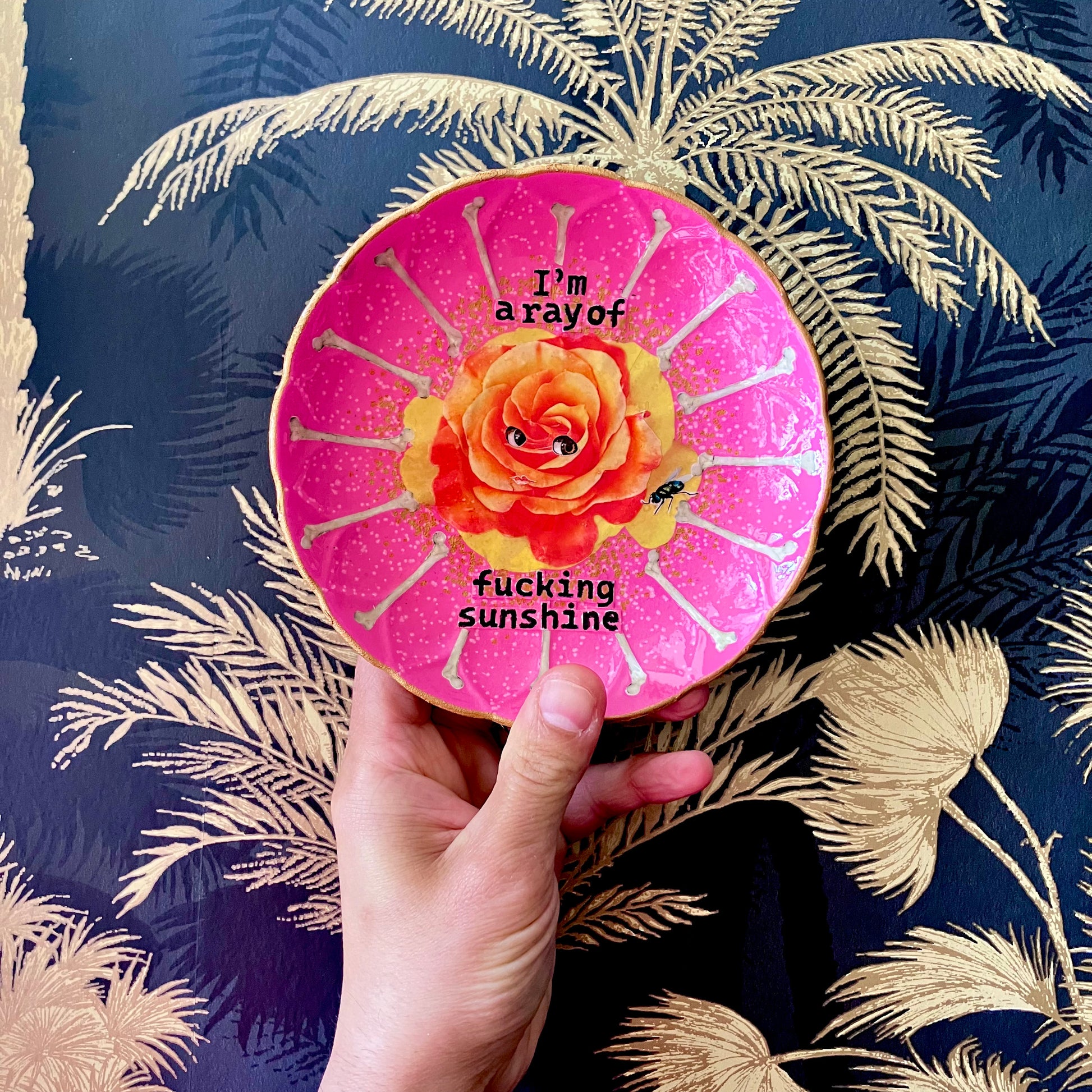 "I'm a Ray of Fucking Sunshine" Pink Wall Plate by House of Frisson, featuring an orange rose with eyes, bones, and a fly.