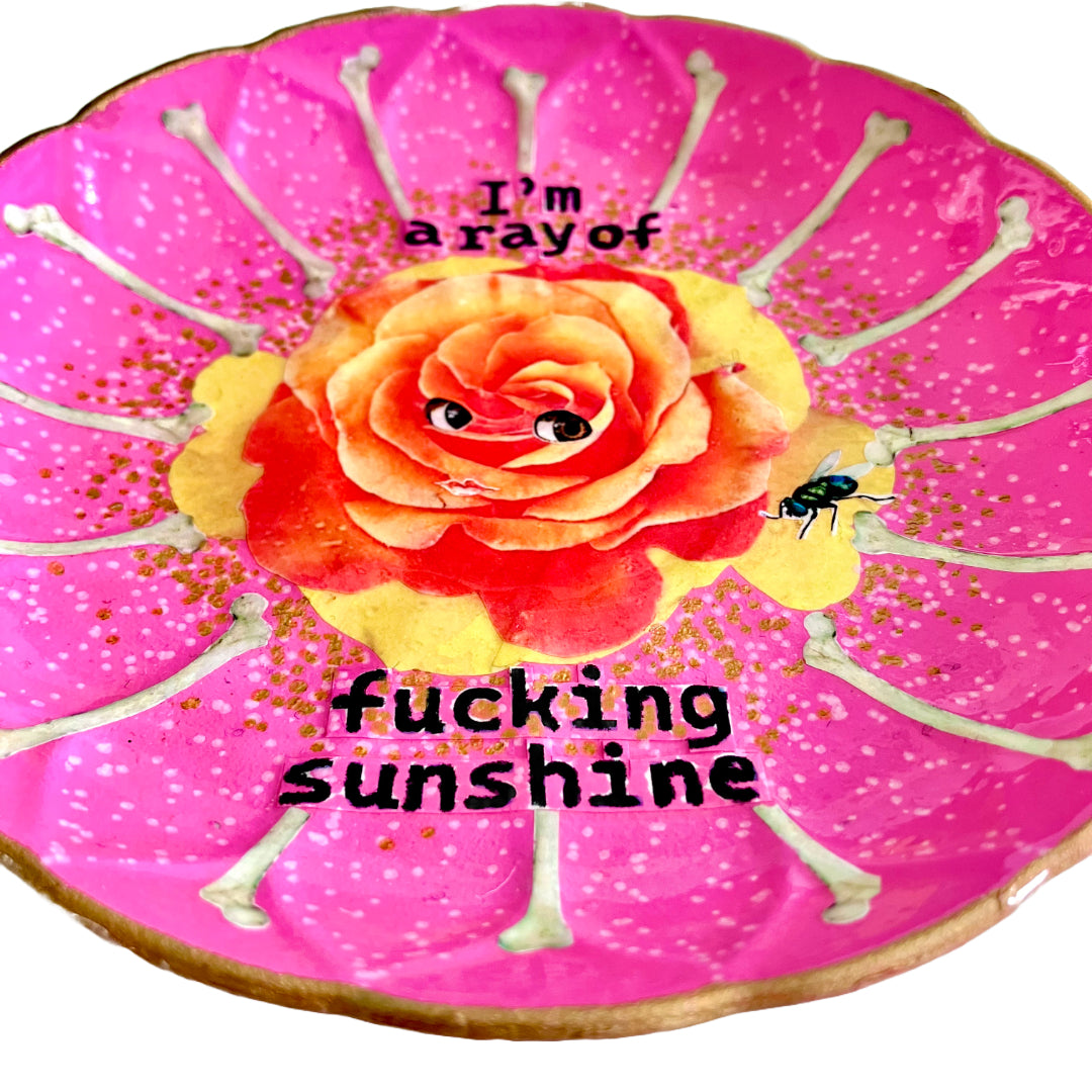 "I'm a Ray of Fucking Sunshine" Pink Wall Plate by House of Frisson, featuring an orange rose with eyes, bones, and a fly. Closeup detail.