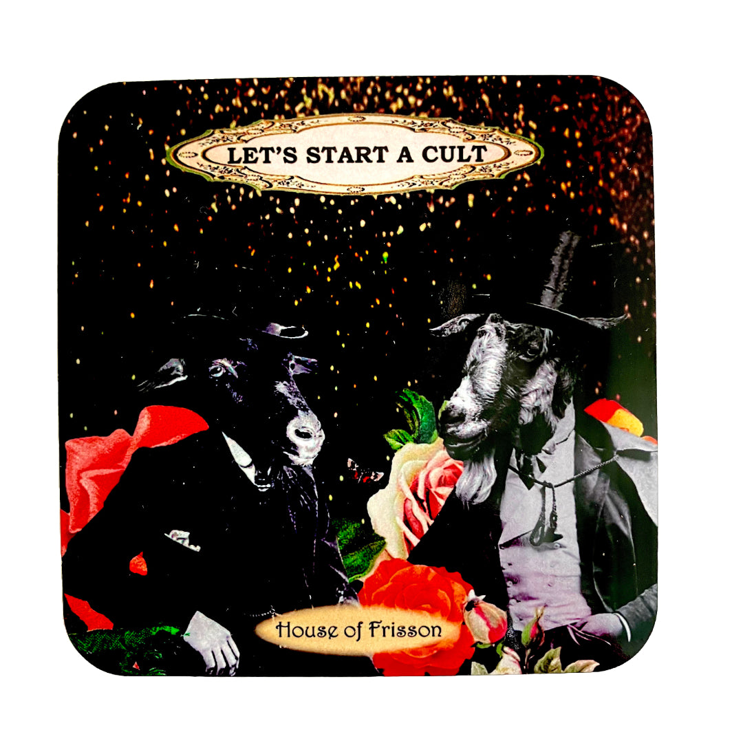 "Let's Start A Cult" Coaster by House of Frisson, featuring two goat-headed gents, surrounded by colourful roses and  House of Frisson's creatures.