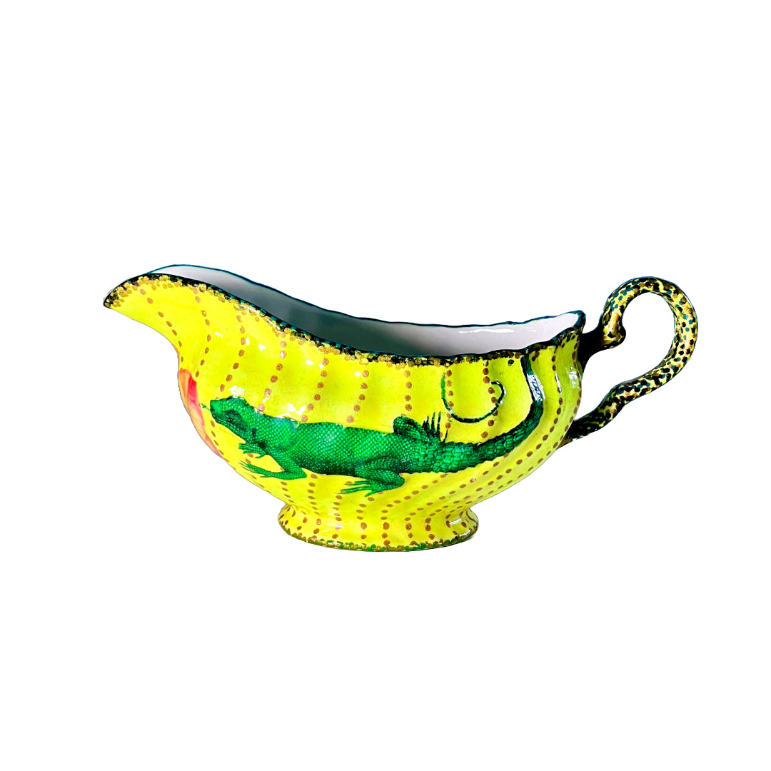 Bright Yellow Upcycled Jug/Vase with a lizard collage design by House of Frisson.