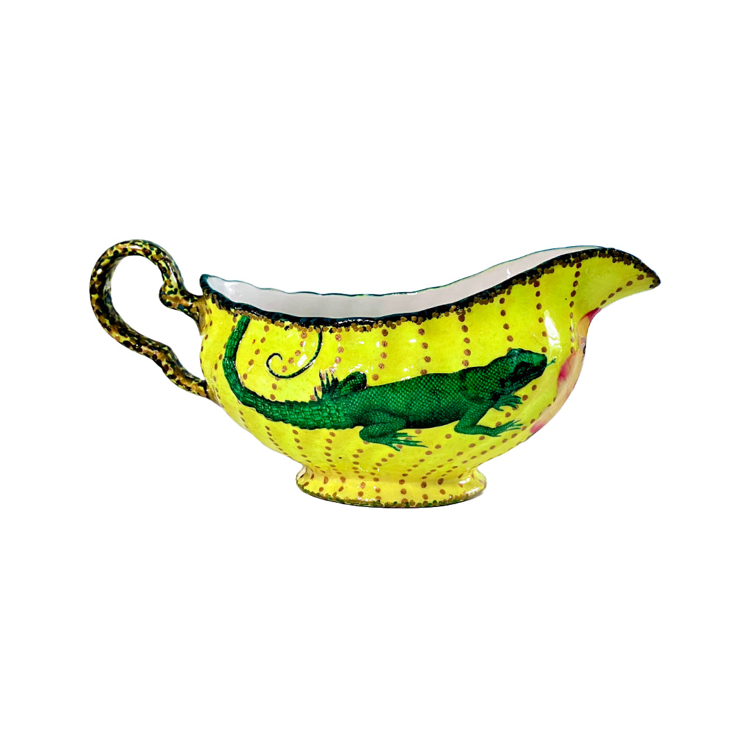 Bright Yellow Upcycled Jug/Vase with a lizard collage design by House of Frisson.