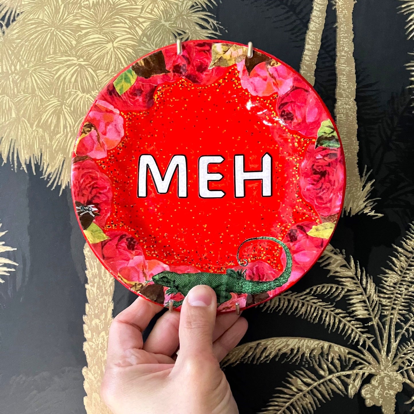 Red Upcycled Wall Plate - "Meh" - by House of Frisson