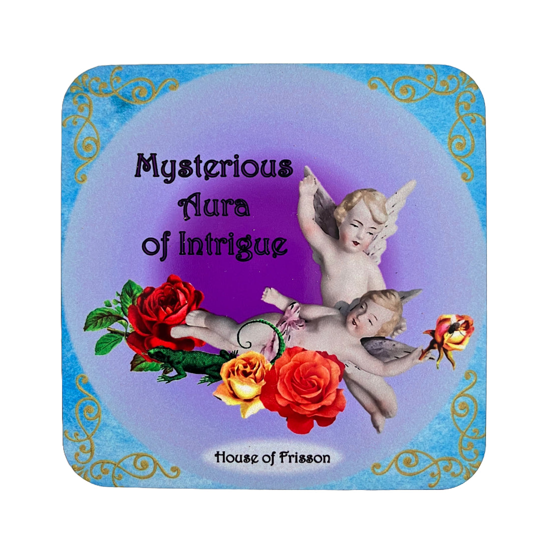 "Mysterious Aura of Intrigue" Coaster by House of Frisson, featuring two cherub angels surrounded by colourful flowers and House of Frisson's creatures.