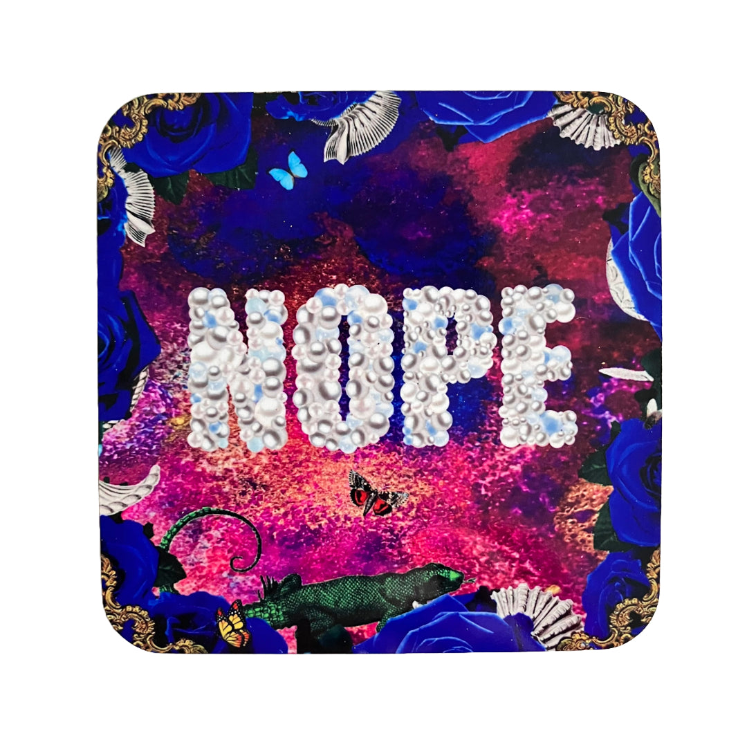 "Nope" Coaster by House of Frisson, featuring the word nope in pearls against a purple background  and blue roses and shells.