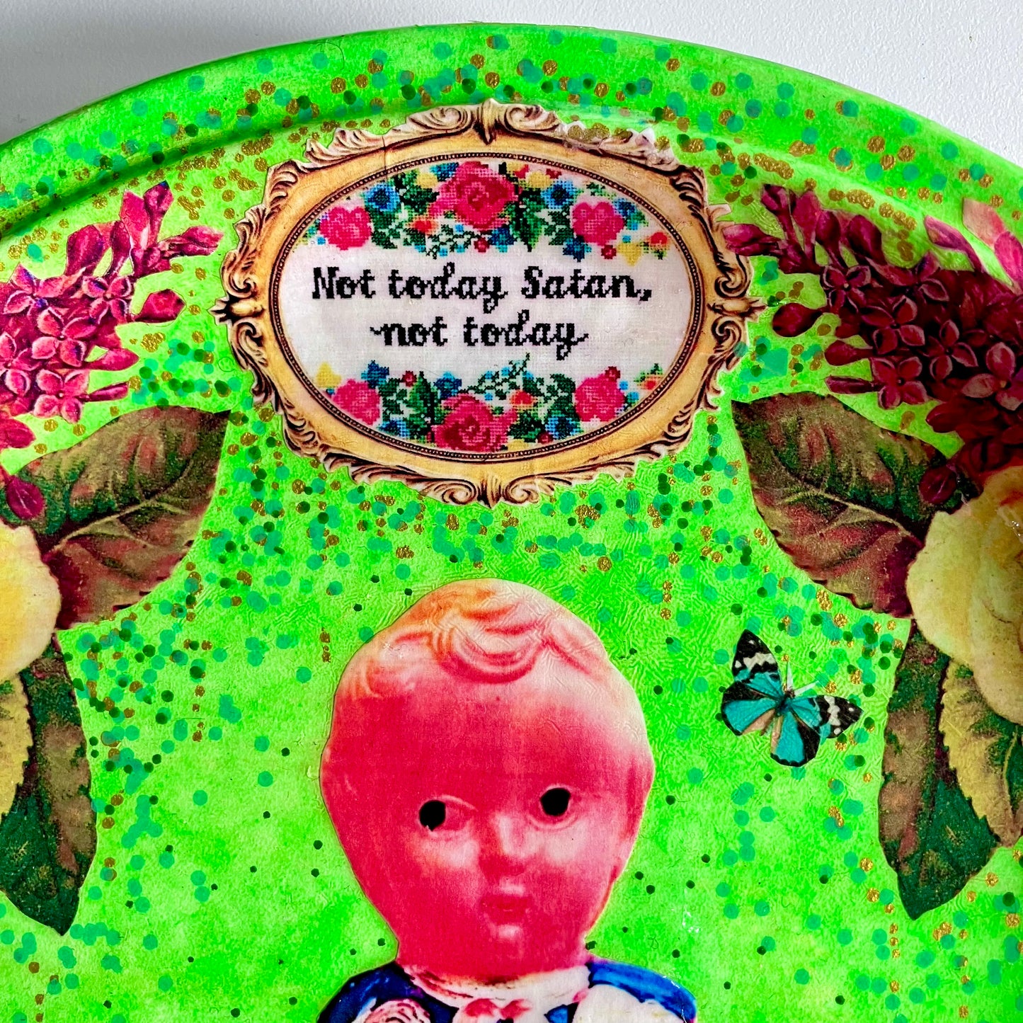 Neon Green Upcycled Wall Plate - "Not Today Satan, Not Today" - by House of Frisson