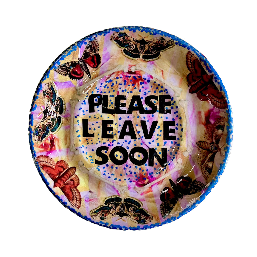 "Please Leave Soon" Trinket Dish by House of Frisson. Featuring some moths and the words "please leave soon", on yellow and pink background.