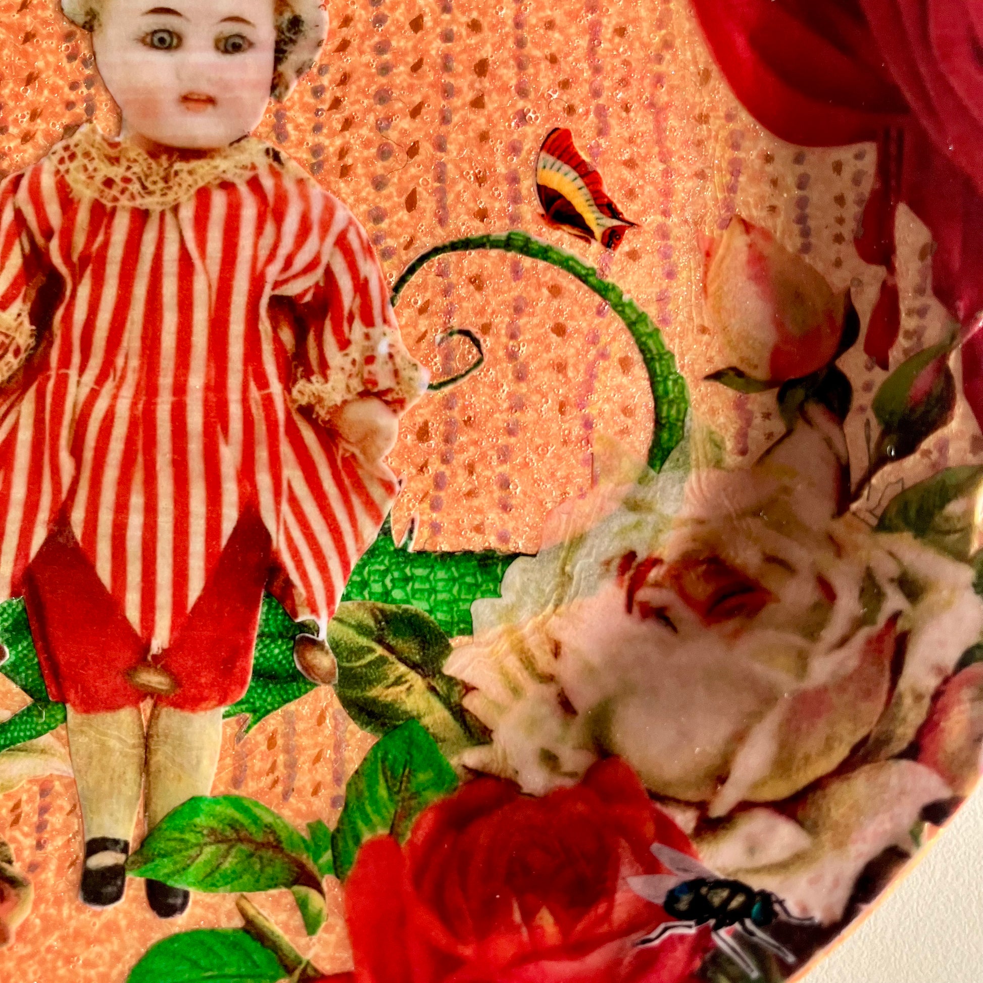 "That's A Hashtag Fact" Wall Plate by House of Frisson, closeup detail showing a felt doll, and roses.