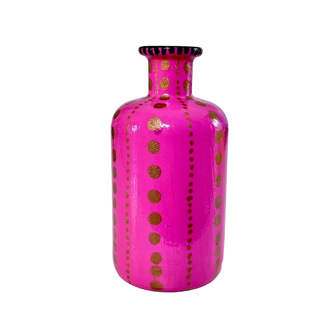 Bright Pink Upcycled Glass Bottle by House of Frisson, featuring an image of a kitsch squeaky lamb toy and some golden dots accent.