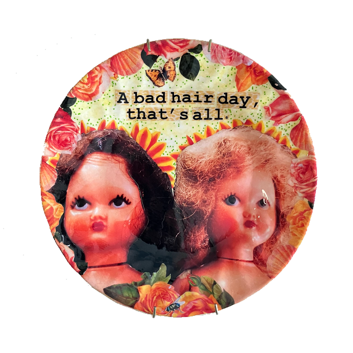 Yellow Upcycled Wall Plate - “A Bad Hair Day, That’s All” - by House of Frisson