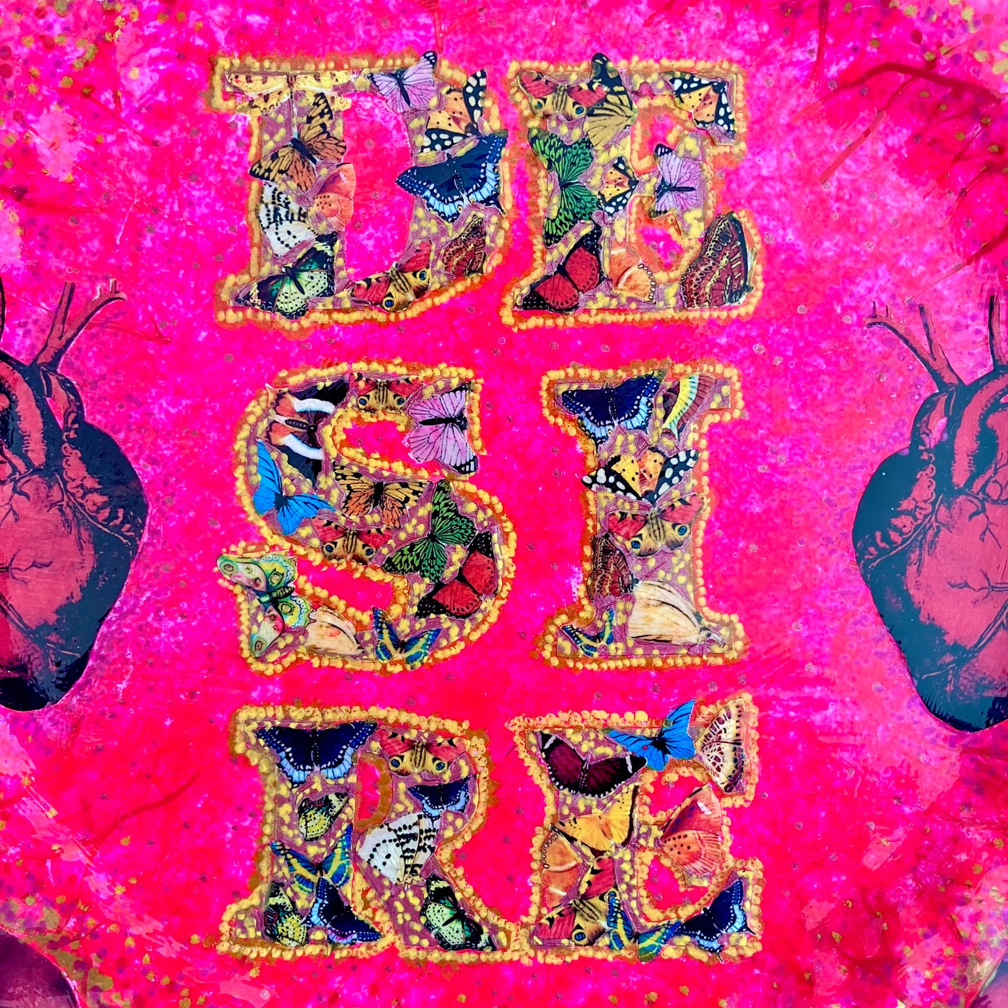 "Desire" Wall Plate by House of Frisson, featuring a collage with the word "desire" written with moths, and a frame of red roses and green lizards, on a hot pink background. Closeup showing moths forming the word "desire".