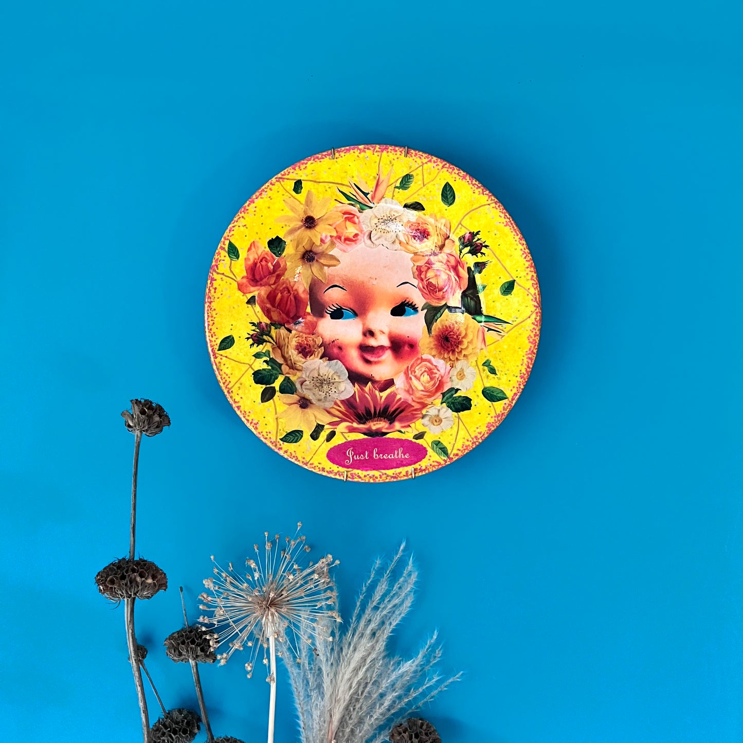 Yellow Upcycled Wall Plate “Just Breathe” - by House of Frisson
