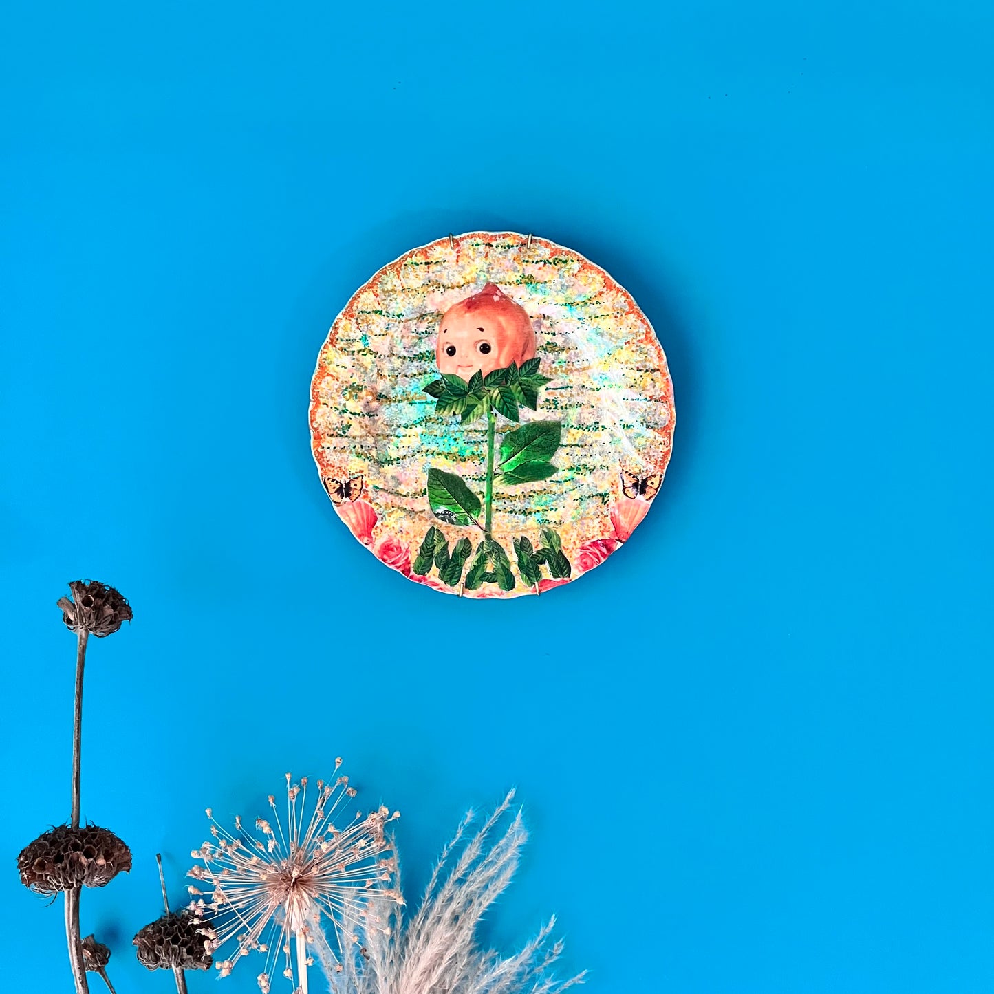 Green Upcycled Wall Plate - “Nah (Doll Flower)” - by House of Frisson