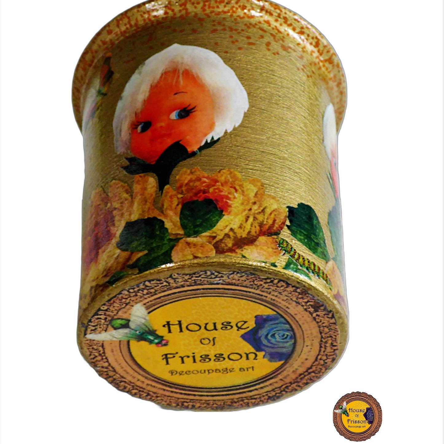 House of Frisson "Doll Face" Gold Plant Pot Flower Vase Front. Featuring flowers with doll heads, and moths, on a golden background. Showing bottom of the vase.