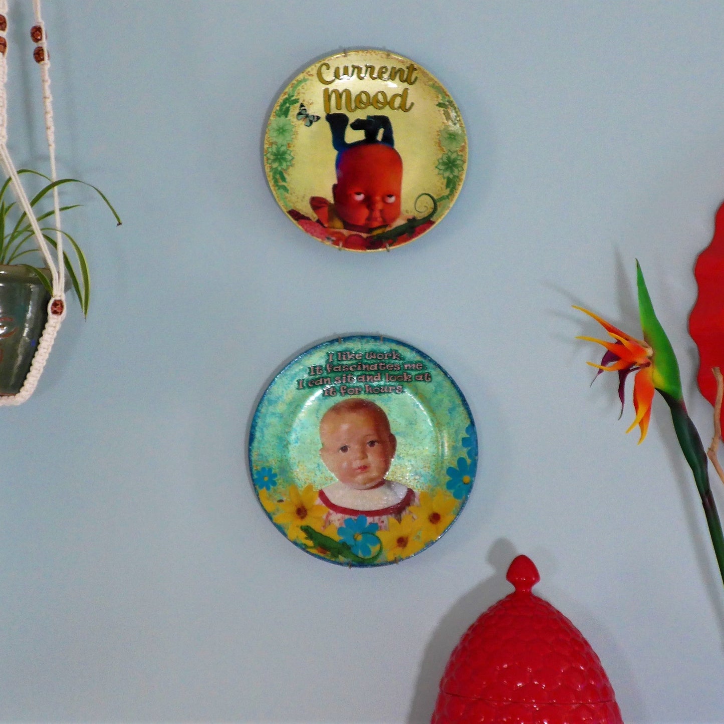 House of Frisson "I Like Work It Fascinates Me I Can Sit And Look At It For Hours" Green Wall Plate front. Collage artwork featuring a vintage male doll looking miserable among flowers, a lizard, and a fly, on a green background. Plate hanging on wall with other plates.