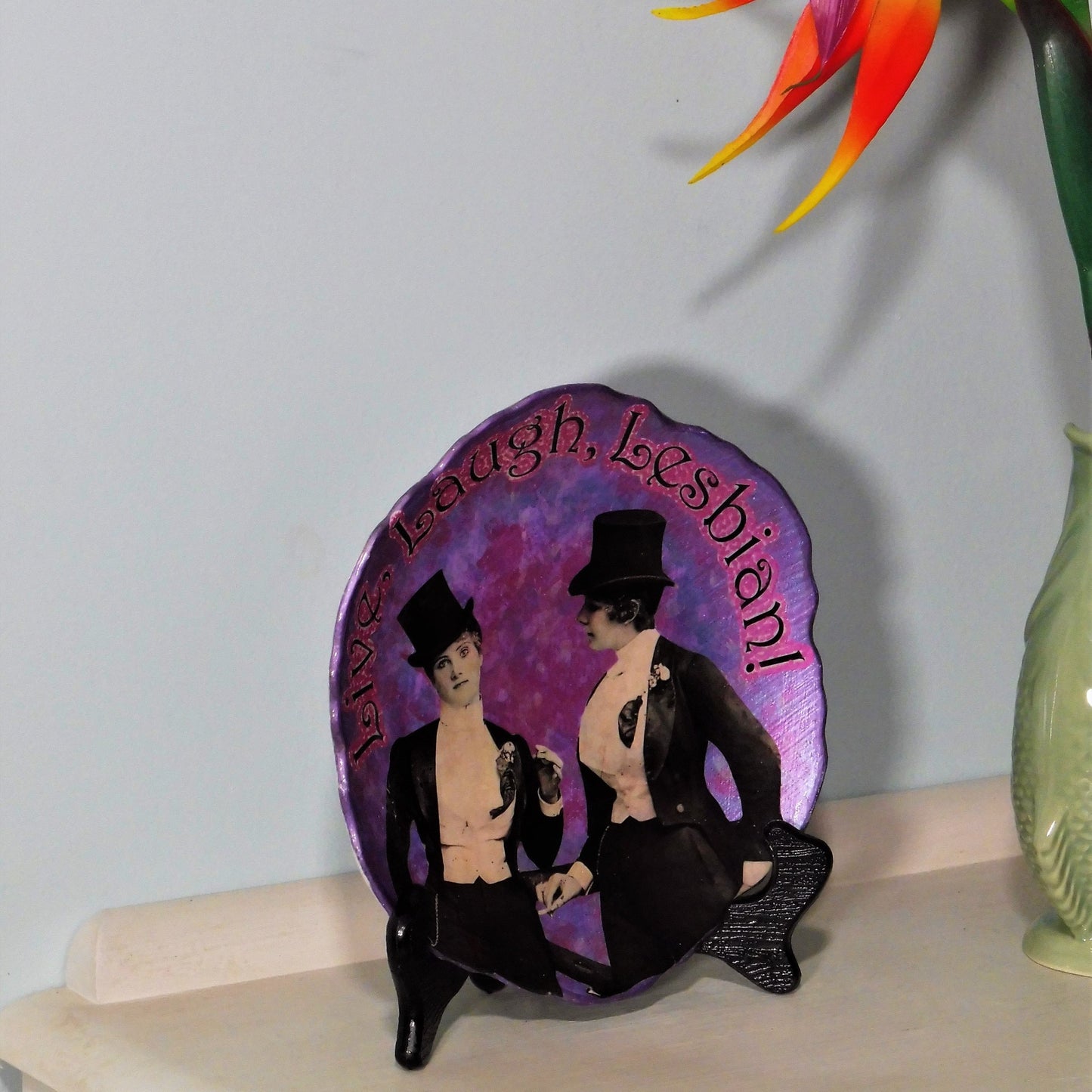 House of Frisson Live, Laugh, Lesbian! Purple Wall Plate on plate stand