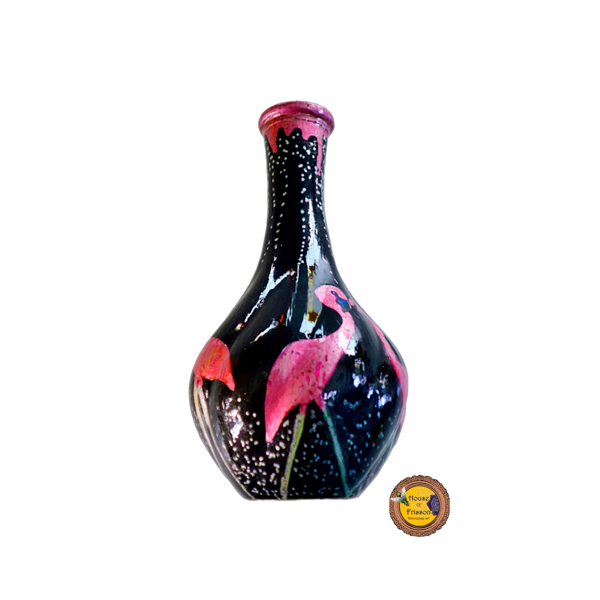 House of Frisson Pink Flamingos Black Glass Bottle Flower Vase